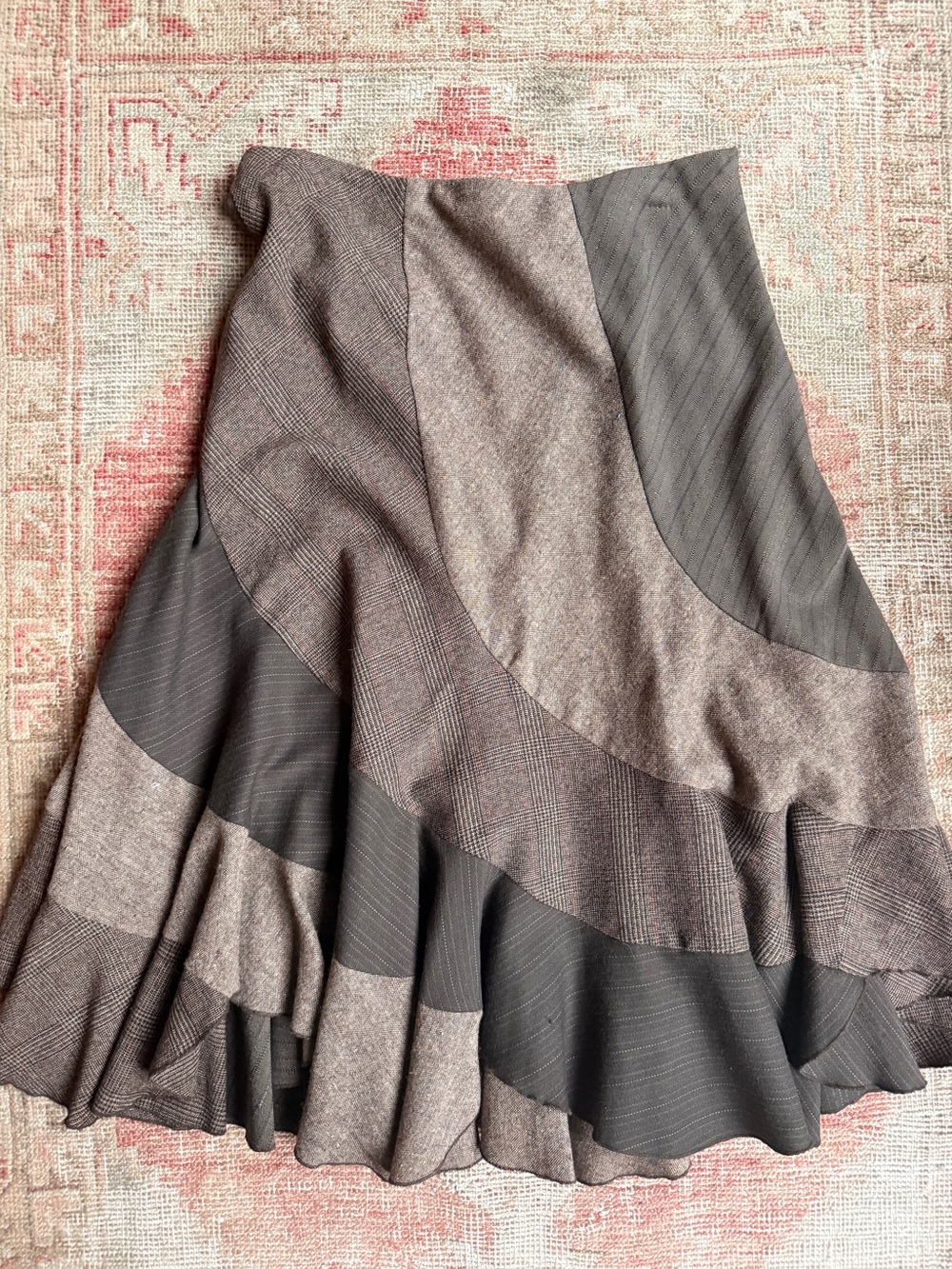 Sunny Leigh Brown & Charcoal Patchwork Flounced Midi Skirt